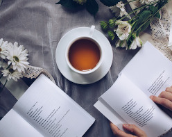 cup of tea, flowers, poetry books